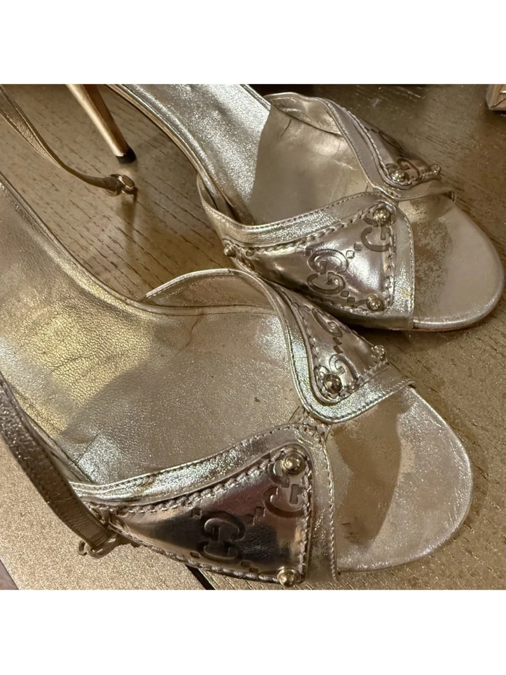 Gucci Metallic Gold Open-Toe Heels with GG Accent